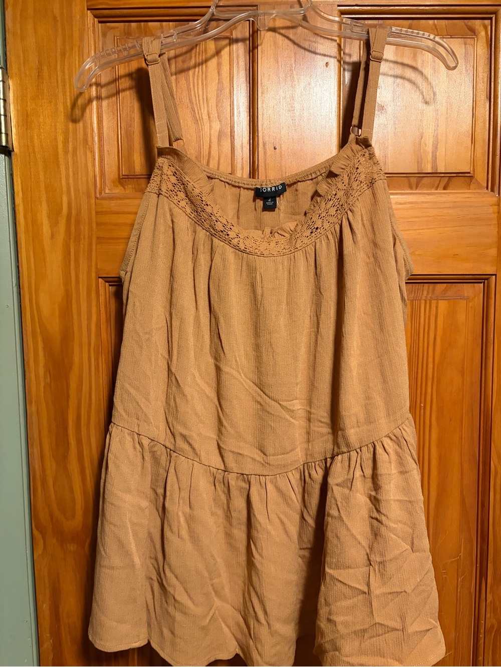 Torrid, Size 2, Tan, flowy, strappy top, Crochet-Trim detail